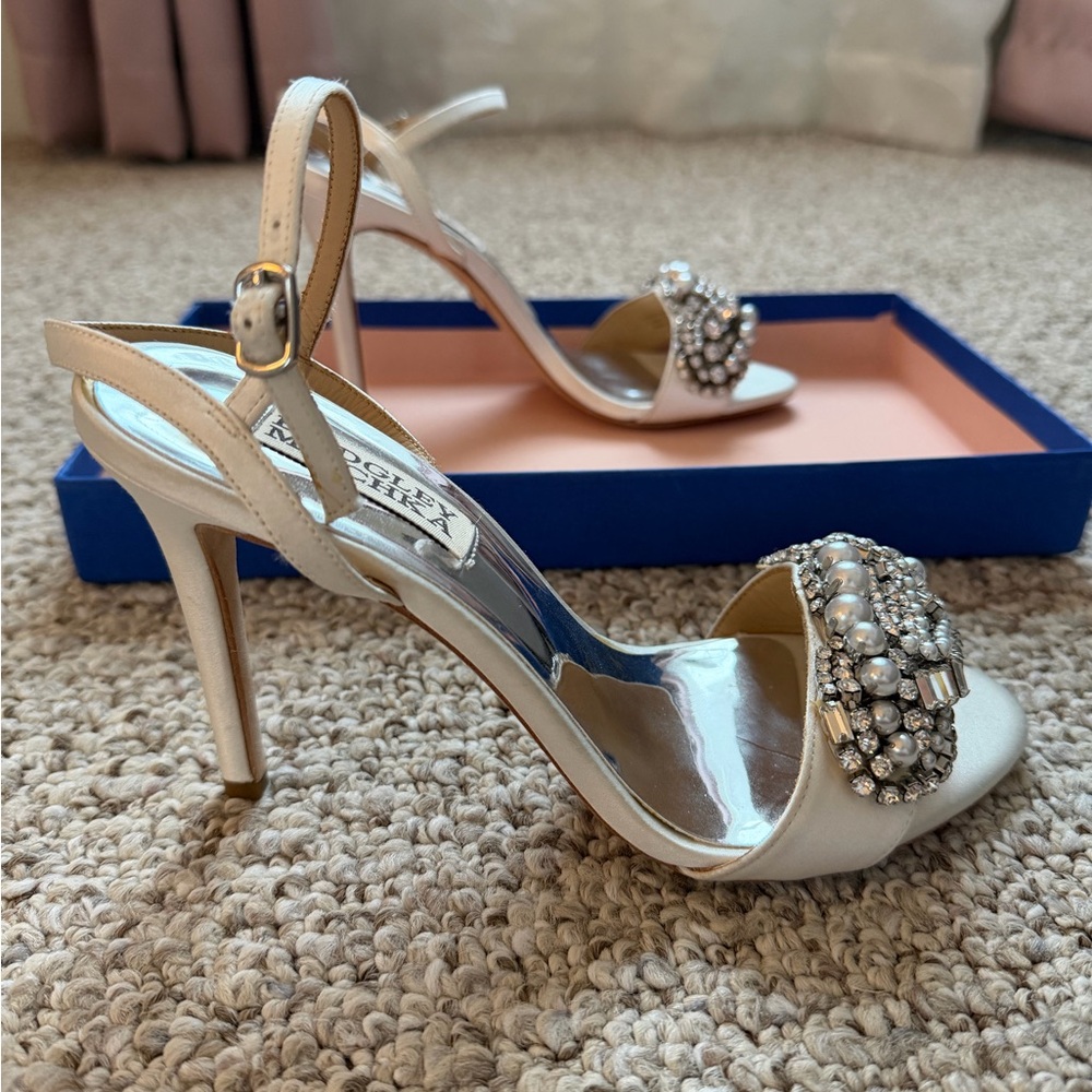 Badgley Mischka Odelia White Crystal & Pearl Embellished Open-Toe Heels - Picture 9 of 13